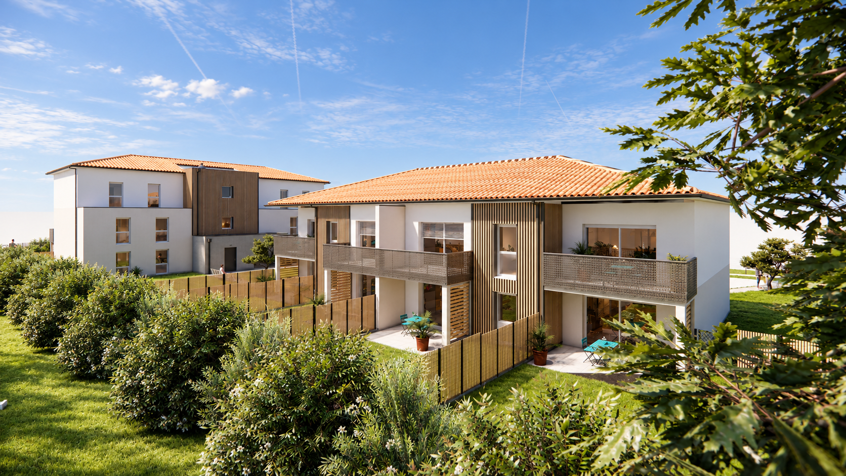 Buxéa - Vue programme arrière (depuis jardin Bat B) Appartement neuf Buxerolles